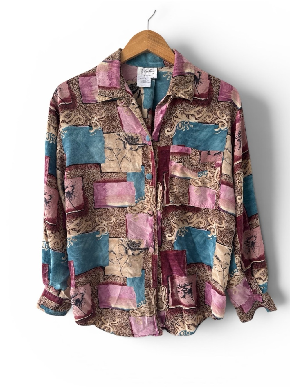 Vintage Dahan 100% Silk Abstract Floral Button Front Blouse Women’s Medium